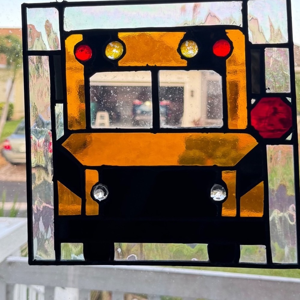 Stained Glass School Bus Window‎ Hanging Decor Art Sun Catcher vintage 9x9.25"
